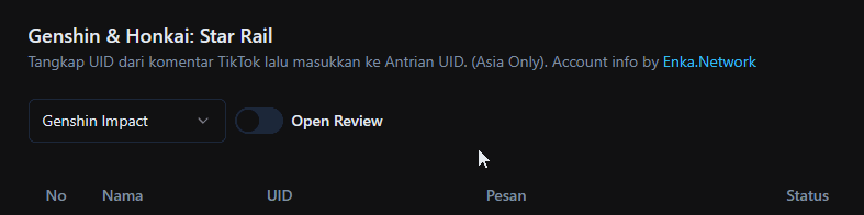 Sakelar buka dan tutup review di menu Antrian UID