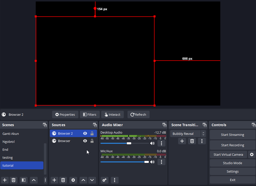 Mengubah resolusi Browser Source di OBS lewat Properties