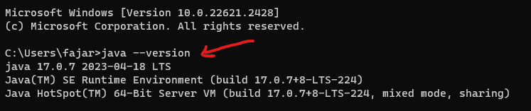 Hasil perintah java --version di CMD menampilkan versi Java yang terpasang