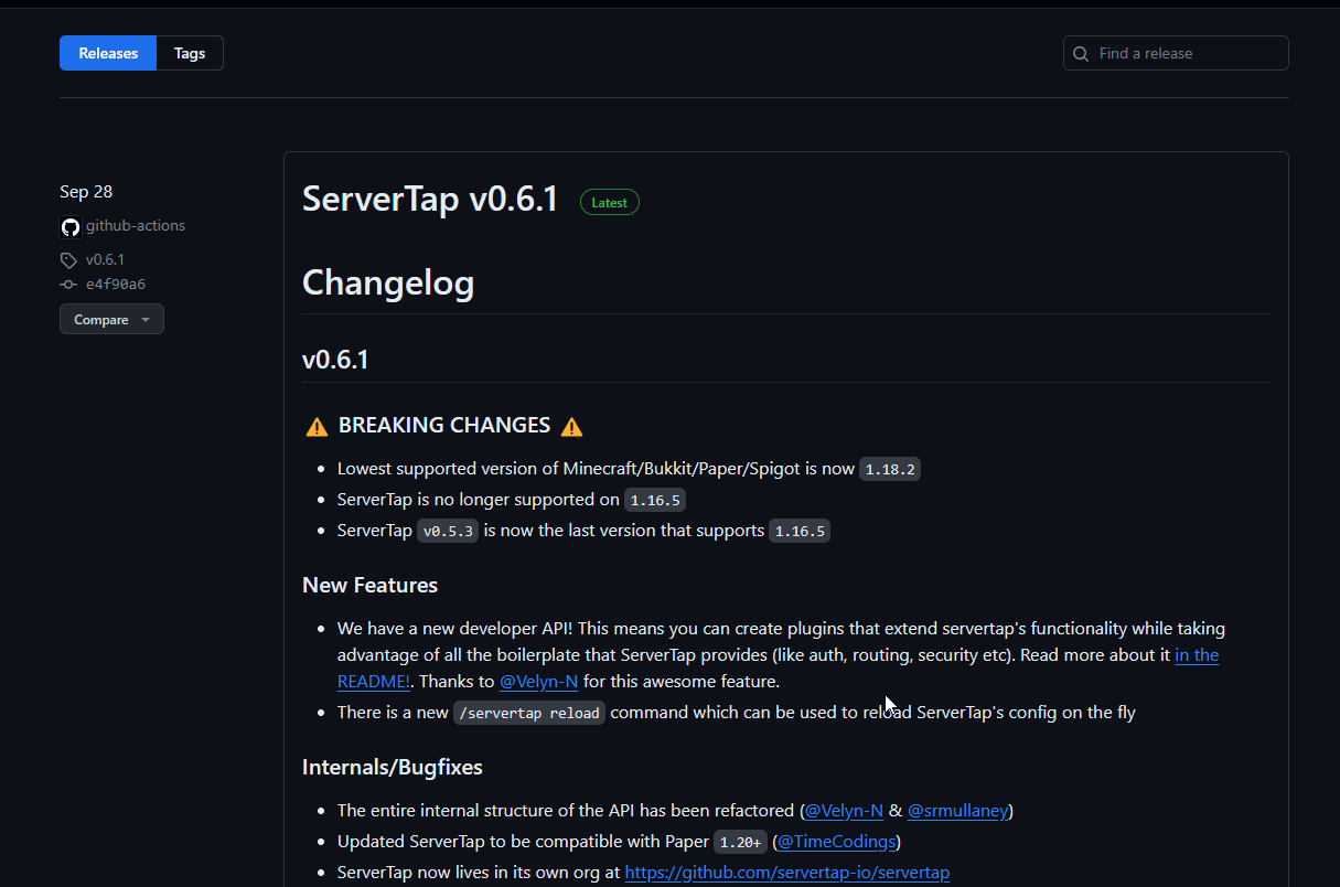 Menemukan berkas .jar ServerTap di halaman rilis GitHub