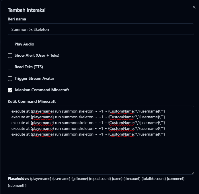 Formulir Interaksi dengan opsi Jalankan Command Minecraft dicentang