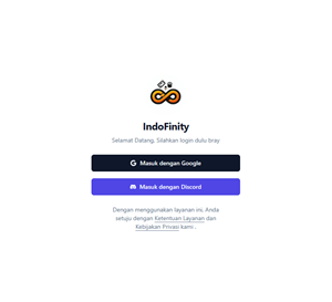 IndoFinity login page with Google and Discord sign-in options